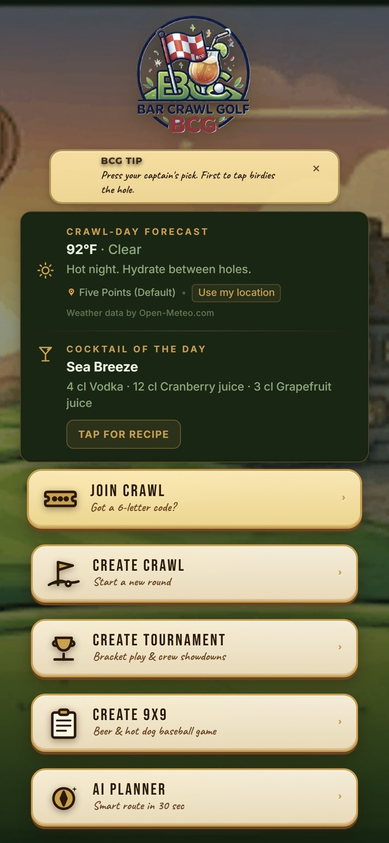 Bar Crawl Golf on iPhone: the home screen with the badge logo, crawl forecast, and Join crawl, Create crawl, Create tournament, and Create 9×9 buttons.