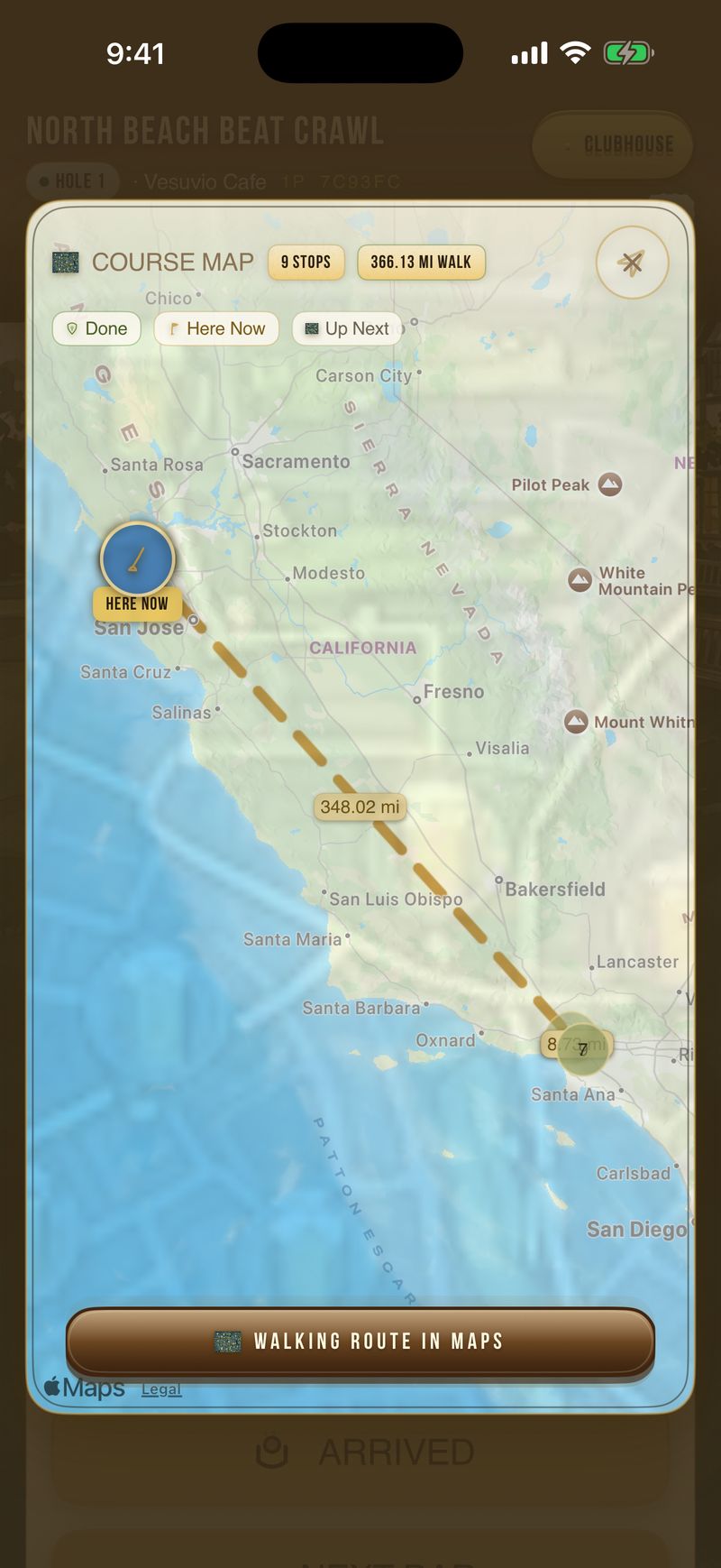 Bar Crawl Golf on iPhone: the course map with the crawl route across nine stops and a walking route in Maps button.