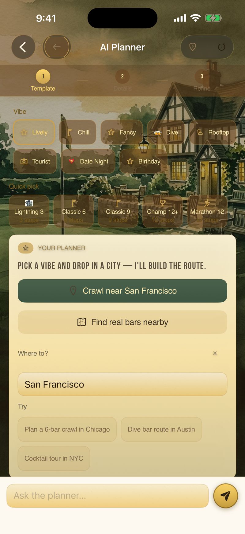 Bar Crawl Golf on iPhone: the AI Planner with vibe chips, a Crawl near San Francisco button, and a Find real bars nearby option.