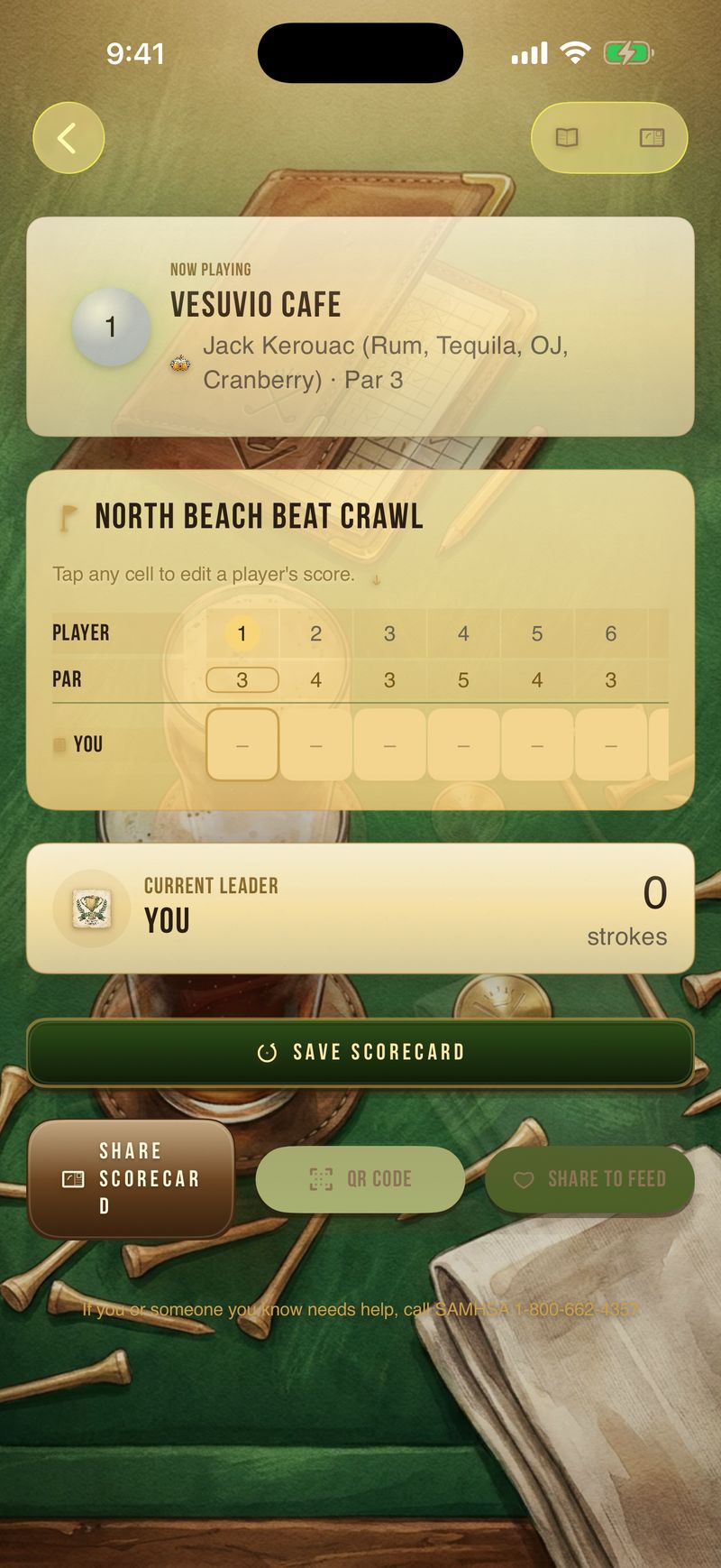 Bar Crawl Golf on iPhone: the scorecard for the North Beach Beat Crawl with par per bar, tap-to-edit score cells, and a current leader.