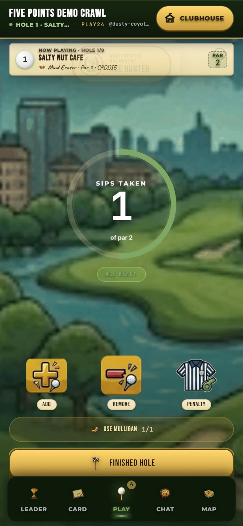 Bar Crawl Golf on iPhone: the live Play screen with hole number, bar name, par and drink, and Add a stroke and Finished hole buttons.