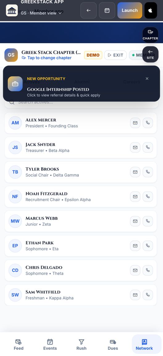 GreekStack on iPhone: the chapter directory with officers and members, each with email and phone buttons.