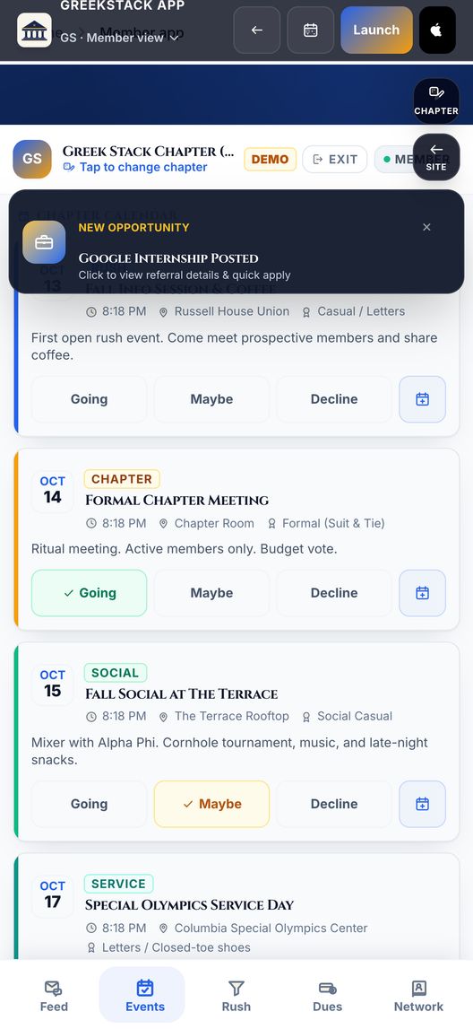 GreekStack on iPhone: the chapter events list with dates, locations, and Going, Maybe, and Decline responses.