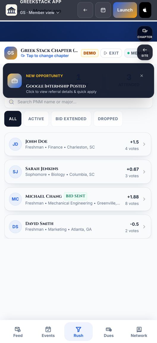GreekStack on iPhone: the rush pipeline with status filters and potential new members ranked by votes.