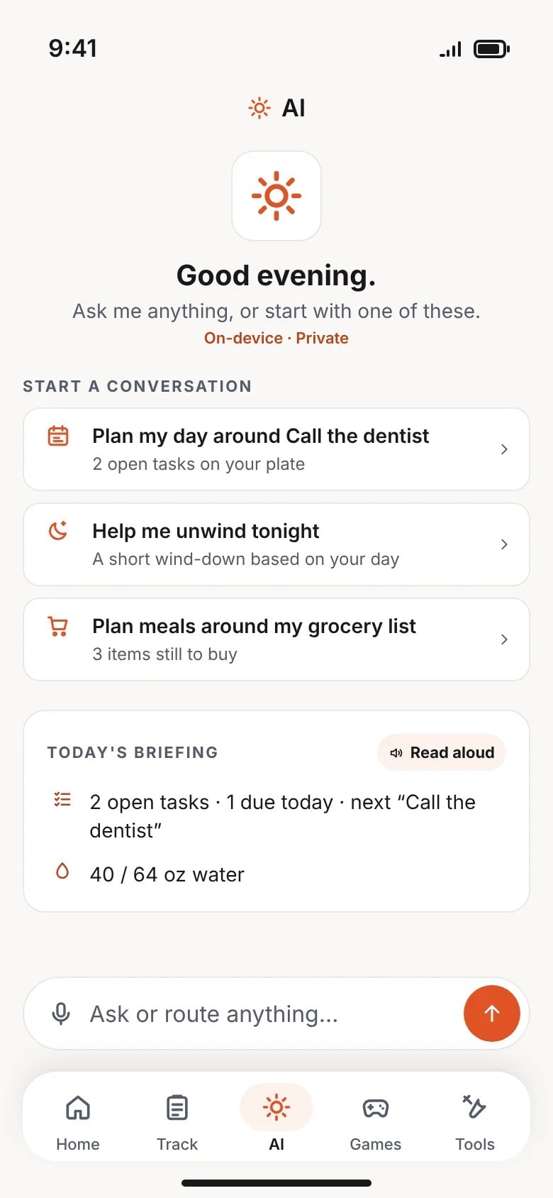 My Daily Tool on iPhone, a preview drawn from the app's source: the AI tab with a greeting, three suggested starters, today's briefing and a message box.