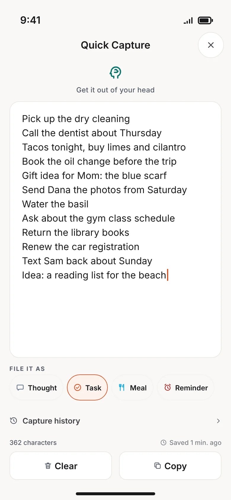 My Daily Tool on iPhone, a preview drawn from the app's source: Quick Capture with twelve typed lines, a File it as row with Thought, Task, Meal and Reminder, and Clear and Copy buttons.