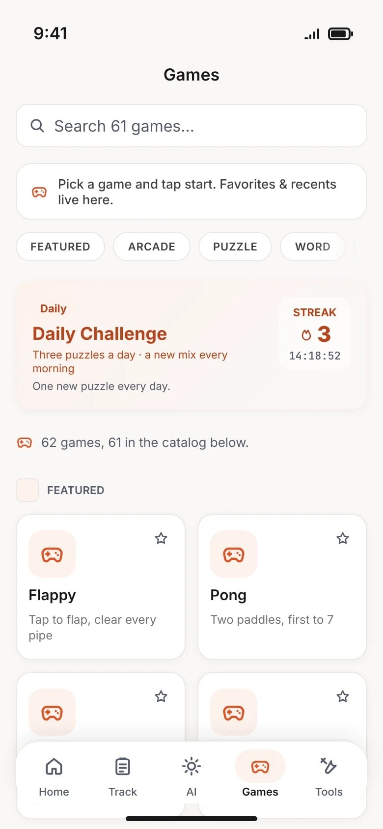 My Daily Tool on iPhone, a preview drawn from the app's source: the Games tab with a search field, the Daily Challenge card with a streak, and the first Featured games.