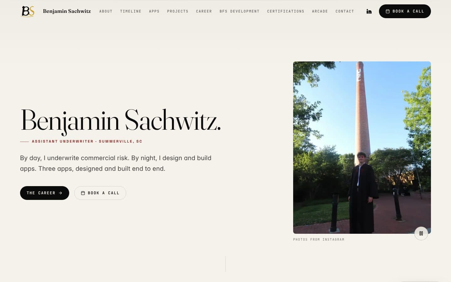 The bensachwitz.com home page at desktop width: the name Benjamin Sachwitz in a serif display, the line Assistant Underwriter, Summerville SC, and a portrait.