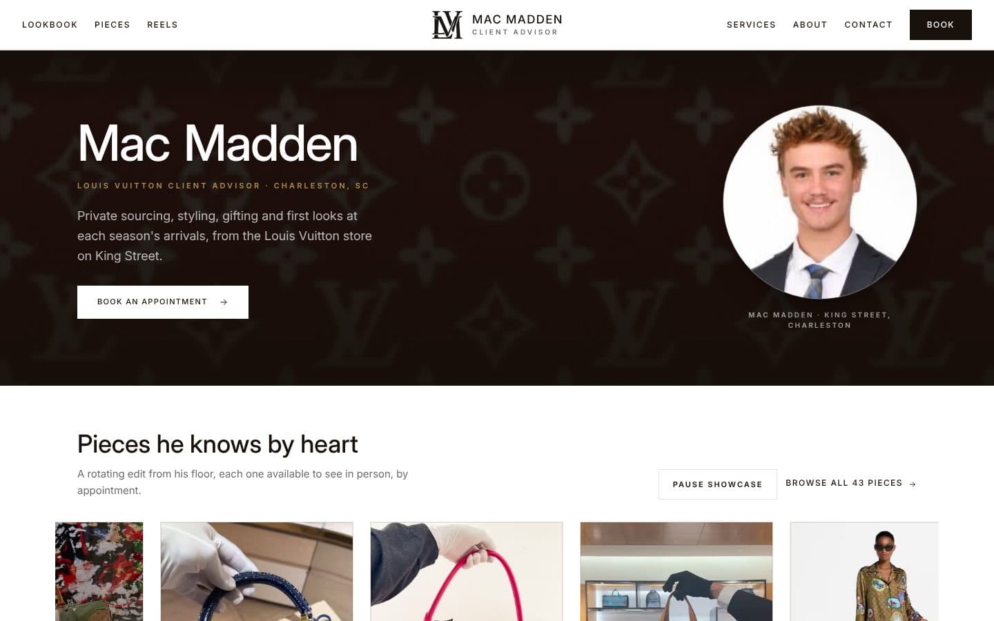 The Mac Madden home page at desktop width: a dark monogram hero with his name, title, and a Book an appointment button, then the Pieces he knows by heart showcase.