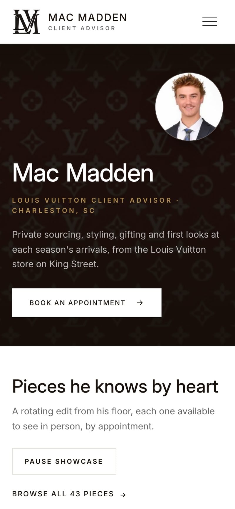 The Mac Madden home page on a phone: the monogram hero with his portrait, name, and Book an appointment button.